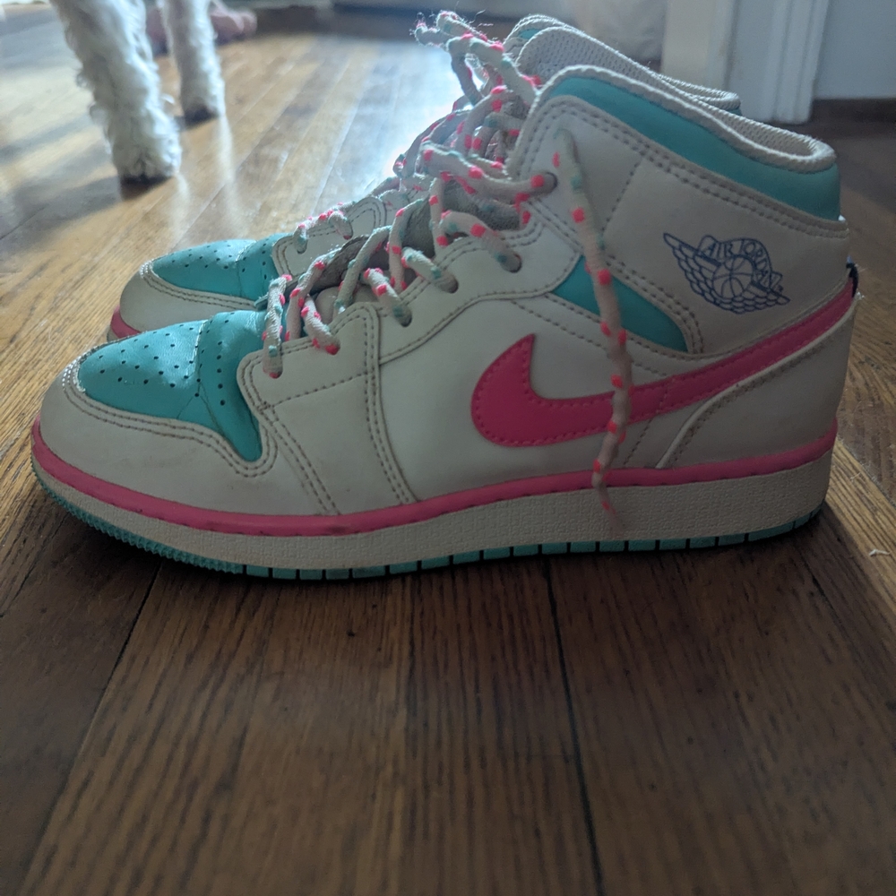Nike White, Teal and Pink Air Jordan Sneakers Modern Basketball Style